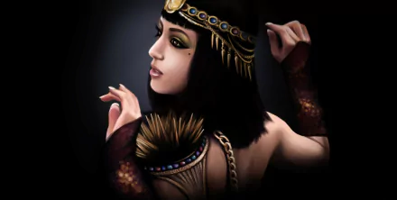 HD PC wallpaper of a fantasy Egyptian woman adorned with intricate jewelry and headpiece, set against a dark background.