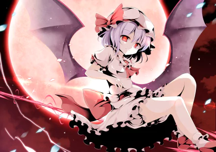 HD anime desktop wallpaper featuring Remilia Scarlet from Touhou, with bat wings and a glowing full moon background in vivid red and pink tones.