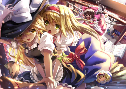 HD PC desktop wallpaper of Touhou anime cast: Youmu Konpaku, Sakuya Izayoi, Hong Meiling, Aya Shameimaru, Reimu Hakurei, Alice Margatroid, Marisa Kirisame.