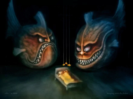 HD dark and scary desktop wallpaper showing two menacing, glowing fish staring at a child sleeping in a crib.