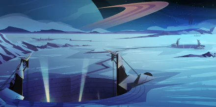 HD PC desktop wallpaper/background from the video game Velocity 2X: icy alien landscape with a deep crater, jagged ice ridges and a massive ringed planet looming over a frozen, starry plain.