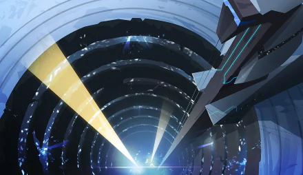 Velocity 2X HD PC desktop wallpaper background: a sleek ship in a neon-lined tunnel firing a bright beam toward a glowing vanishing point.