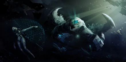Velocity 2X video game 2K Quad HD PC desktop wallpaper: damaged spacecraft helmet and robotic hand drifting among glowing teal debris in deep, shadowed space.