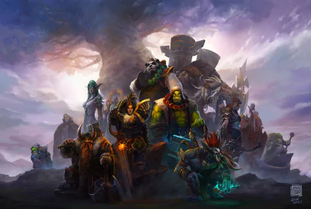 A vibrant HD wallpaper featuring iconic characters from World of Warcraft, including orcs, humans, and pandas, set against a dramatic, mystical landscape.