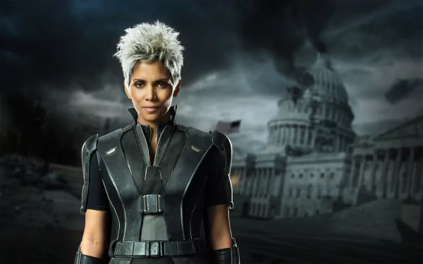 Halle Berry as Storm from Marvel's X-Men in a dramatic scene from X-Men: Days of Future Past, featuring a dark backdrop with iconic architecture and a stormy sky.