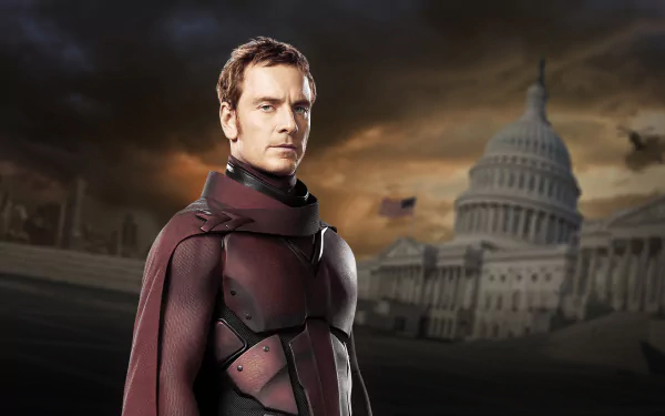 Magneto, portrayed by Michael Fassbender, stands defiantly in front of the Capitol, showcasing his powerful presence in X-Men: Days of Future Past. HD wallpaper featuring a dramatic backdrop.