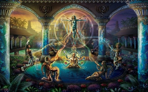 Fantasy Elemental Magic People Temple Meditation Water Fire HD Wallpaper | Background Image