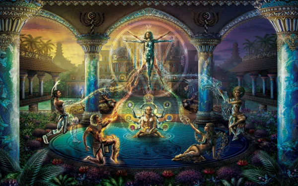 A vibrant fantasy scene depicting individuals meditating in a temple, surrounded by elemental fire and water, showcasing a magical convergence of energy and spiritual awakening.