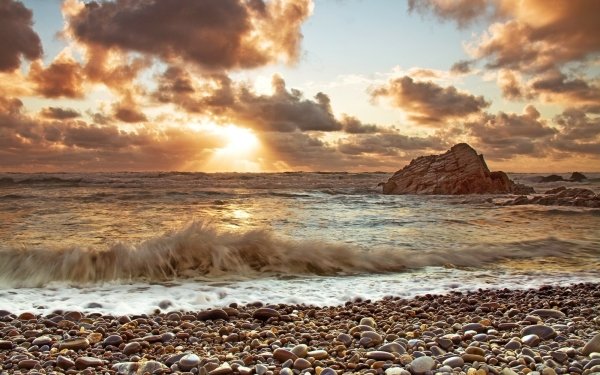Earth Sunset Sea Wave Cloud Pebbles HD Wallpaper | Background Image