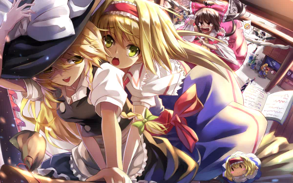 HD PC desktop wallpaper of Touhou anime cast: Youmu Konpaku, Sakuya Izayoi, Hong Meiling, Aya Shameimaru, Reimu Hakurei, Alice Margatroid, Marisa Kirisame.