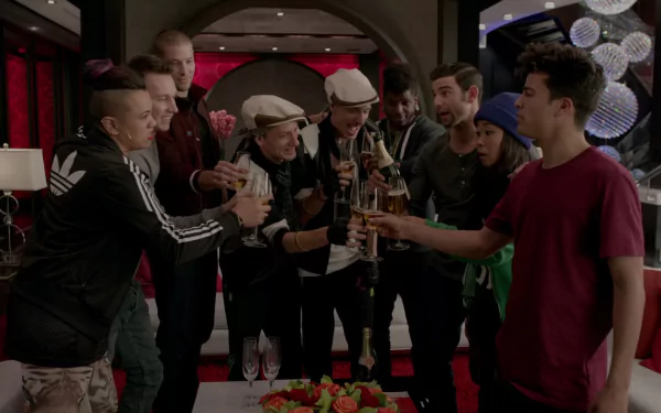 A celebratory scene from Step Up All In featuring a group of friends toasting together in a stylish venue, capturing the energetic spirit of the movie. HD wallpaper for PC desktops.