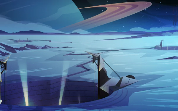 HD PC desktop wallpaper/background from the video game Velocity 2X: icy alien landscape with a deep crater, jagged ice ridges and a massive ringed planet looming over a frozen, starry plain.