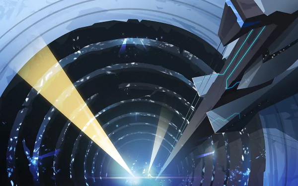 Velocity 2X HD PC desktop wallpaper background: a sleek ship in a neon-lined tunnel firing a bright beam toward a glowing vanishing point.