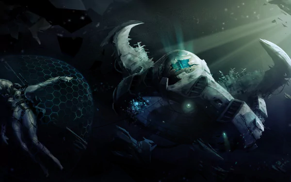 Velocity 2X video game 2K Quad HD PC desktop wallpaper: damaged spacecraft helmet and robotic hand drifting among glowing teal debris in deep, shadowed space.