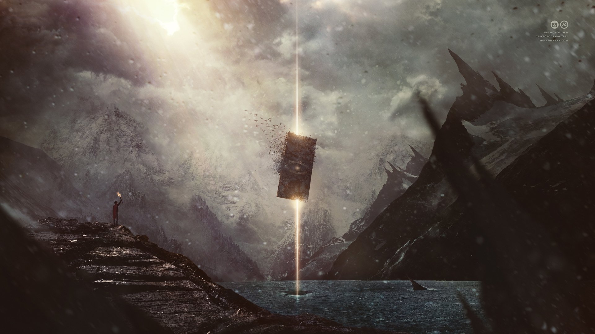 Fantasy-themed HD PC desktop wallpaper depicting a mysterious glowing book floating above dark waters amid a dramatic, artistic mountainous landscape.