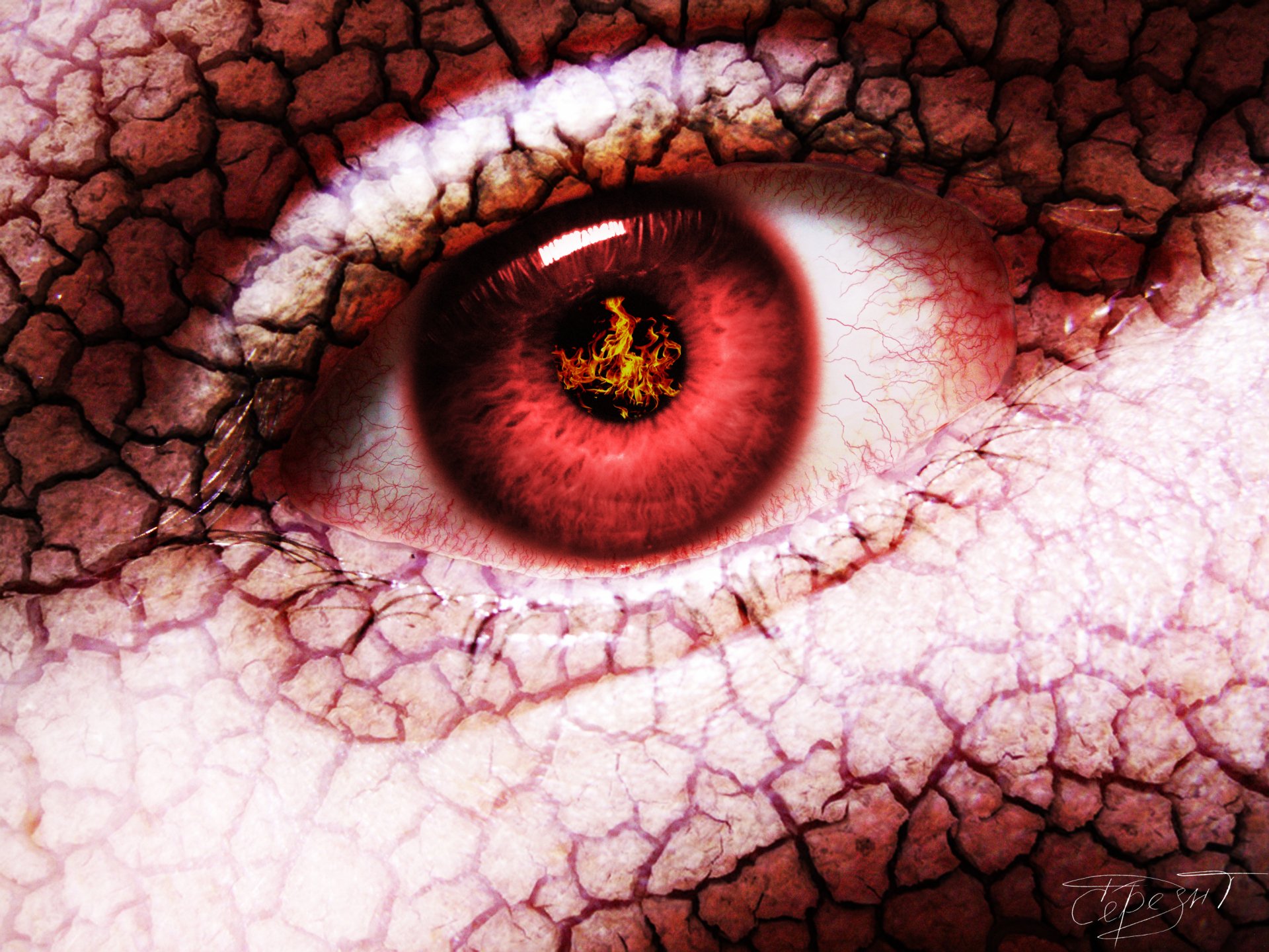 Dark cracked-skin close-up of a red eye with a fiery pupil, 2K Quad HD PC desktop wallpaper/background.