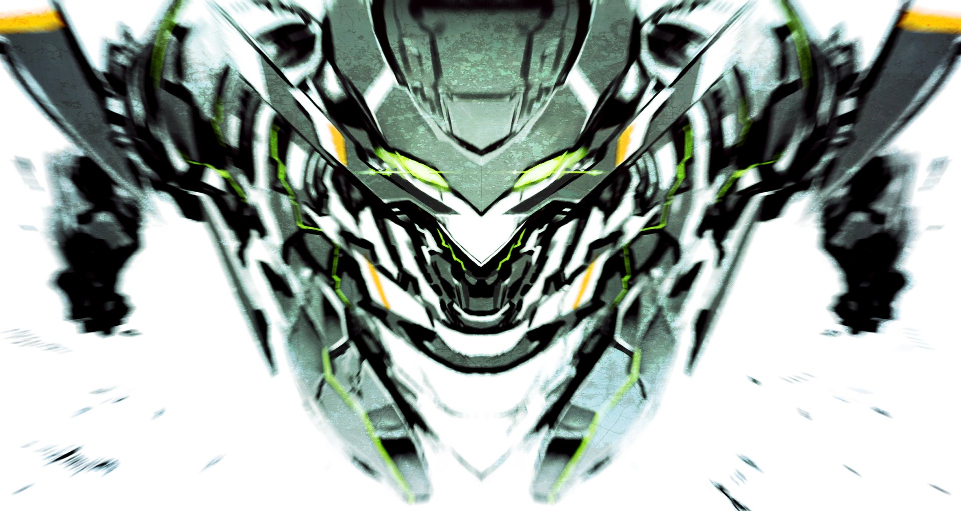 HD PC desktop wallpaper featuring a detailed, symmetrical mecha design from the anime Suisei no Gargantia with sharp metallic and neon green accents.