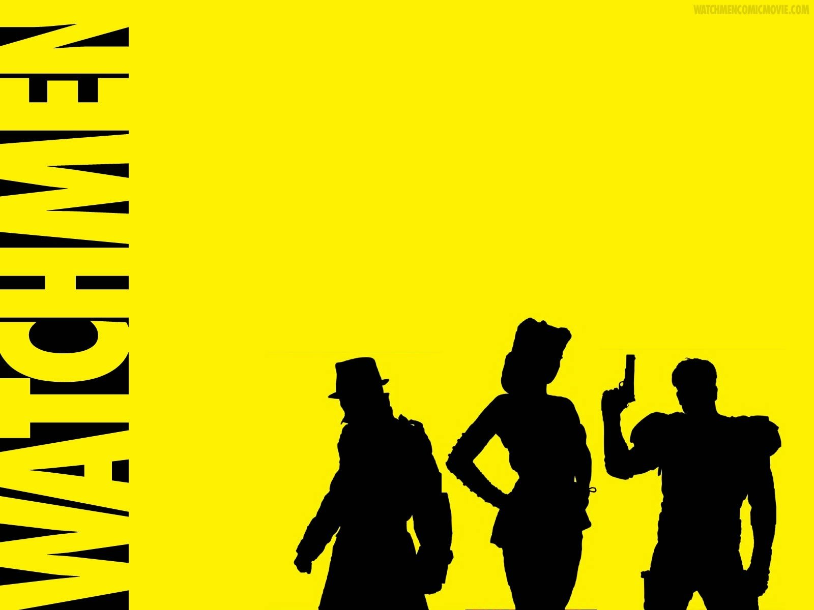 HD PC desktop wallpaper featuring black silhouettes of Rorschach and other Watchmen characters against a bright yellow background with bold WATCHMEN text.