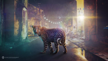 A striking HD wallpaper featuring a leopard in a vibrant, artistic urban setting, showcasing Desktopography's creative flair and captivating details.