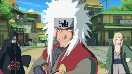 HD desktop wallpaper featuring Naruto characters Orochimaru, Jiraiya, and Tsunade from Naruto Shippuden: Ultimate Ninja Storm Revolution, set against a vibrant village backdrop.