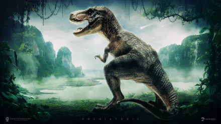 A majestic dinosaur, resembling a T-Rex, stands proudly in a lush prehistoric landscape. This stunning HD desktop wallpaper captures the essence of a vibrant, ancient world.