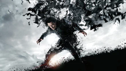 A stunning HD wallpaper and background from the movie Dracula Untold, depicting Dracula surrounded by swirling bats in a dramatic dark and stormy landscape.