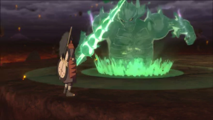 A HD desktop wallpaper featuring Madara Uchiha and Shisui from Naruto Shippuden: Ultimate Ninja Storm Revolution, showcasing Susanoo in an intense video game battle scene.