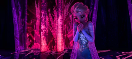 Elsa from Frozen stands with a contemplative expression against a vibrant, magical background of pink and purple ice formations, creating a stunning HD desktop wallpaper.