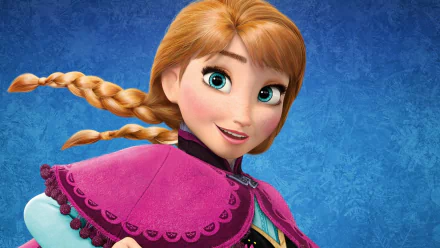 HD wallpaper featuring Anna from the movie Frozen, showcasing her vibrant costume and cheerful expression against a rich blue background.