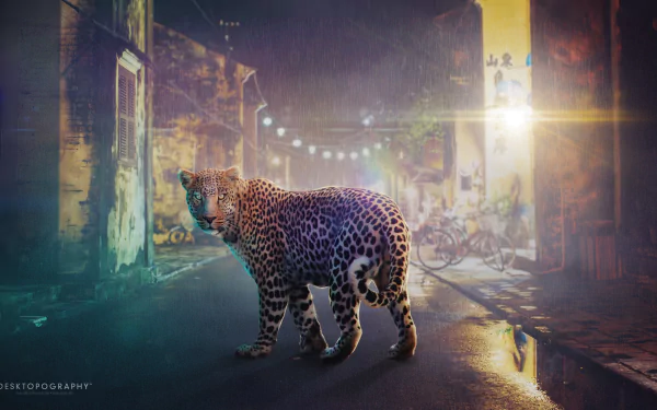 A striking HD wallpaper featuring a leopard in a vibrant, artistic urban setting, showcasing Desktopography's creative flair and captivating details.