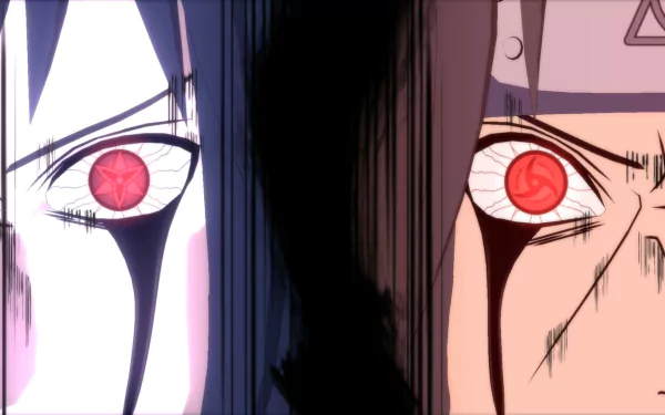 A HD desktop wallpaper featuring Sasuke and Itachi Uchiha from Naruto Shippuden: Ultimate Ninja Storm Revolution, focusing closely on their intense red eyes.
