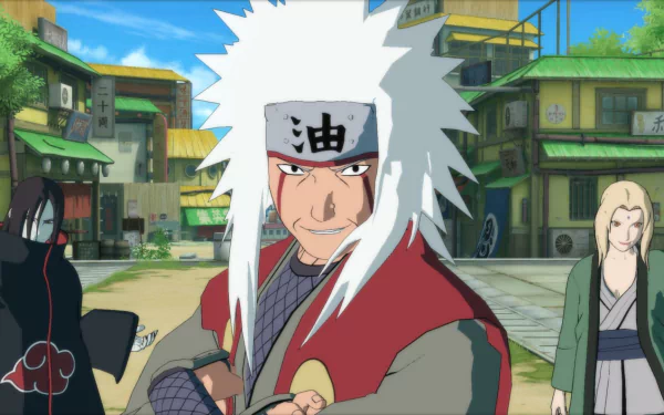 HD desktop wallpaper featuring Naruto characters Orochimaru, Jiraiya, and Tsunade from Naruto Shippuden: Ultimate Ninja Storm Revolution, set against a vibrant village backdrop.