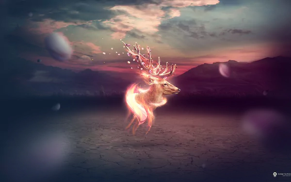 A majestic, ethereal deer with glowing antlers stands against a dramatic sky, creating a stunning fantasy scene. This HD wallpaper adds enchantment to any desktop background.