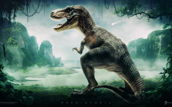 A majestic dinosaur, resembling a T-Rex, stands proudly in a lush prehistoric landscape. This stunning HD desktop wallpaper captures the essence of a vibrant, ancient world.