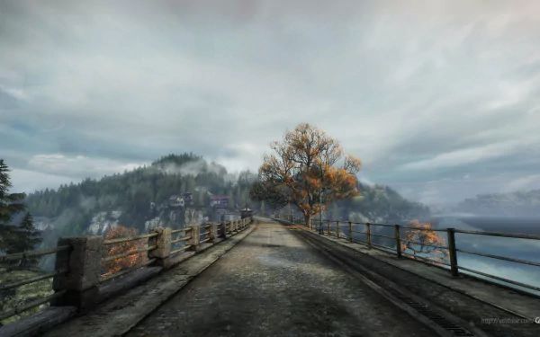 4K Ultra HD desktop wallpaper featuring a foggy bridge and autumn trees from the video game The Vanishing of Ethan Carter.