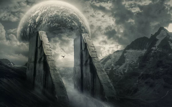 A dramatic landscape featuring ancient stone structures set against a cloudy sky and a massive celestial body, inspired by the video game Guardians of Middle-Earth.