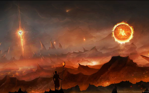 HD fantasy PC desktop wallpaper featuring a wizard silhouette overlooking a fiery, volcanic landscape with glowing orbs and a dramatic, smoky sky.