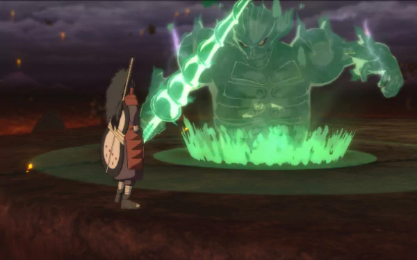 A HD desktop wallpaper featuring Madara Uchiha and Shisui from Naruto Shippuden: Ultimate Ninja Storm Revolution, showcasing Susanoo in an intense video game battle scene.