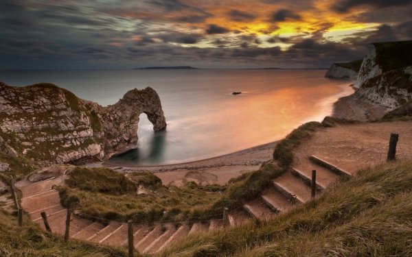 Tierra/Naturaleza Durdle Dor Naturaleza Coast Costa Steps Arco natural Playa Atardecer Rock Océano Limestone Dorset Inglaterra Escalera Fondo de pantalla HD | Fondo de Escritorio