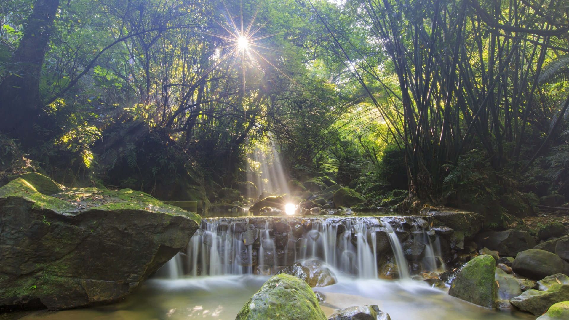 A serene waterfall flows through a lush green forest with sunlight streaming through the trees, captured in crisp 4K Ultra HD for a stunning desktop wallpaper.