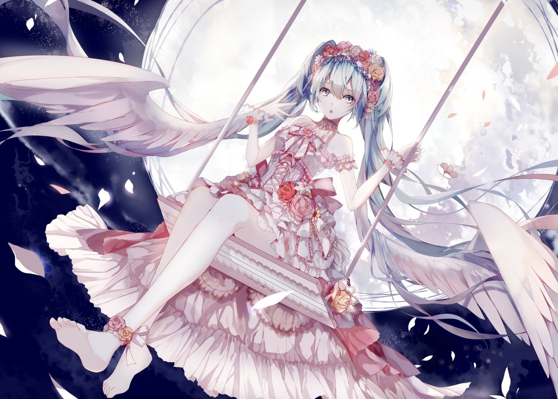 Hatsune Miku, a Vocaloid character, gracefully sits on a swing with the moon behind her, dressed in an elaborate floral gown, in this HD anime-themed desktop wallpaper.