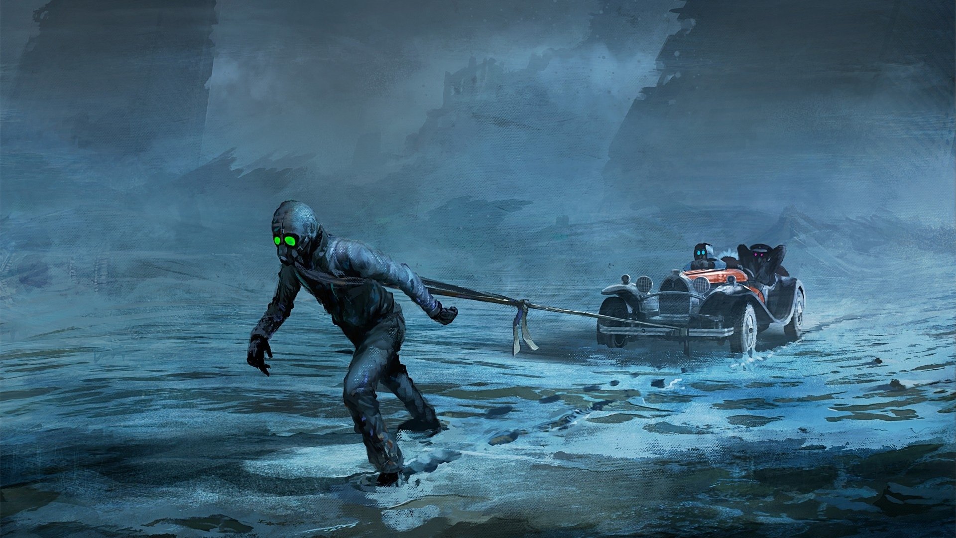 HD PC desktop wallpaper featuring a dark, atmospheric scene from Romantically Apocalyptic, with a figure in a gas mask pulling a vintage car through a foggy, desolate landscape.