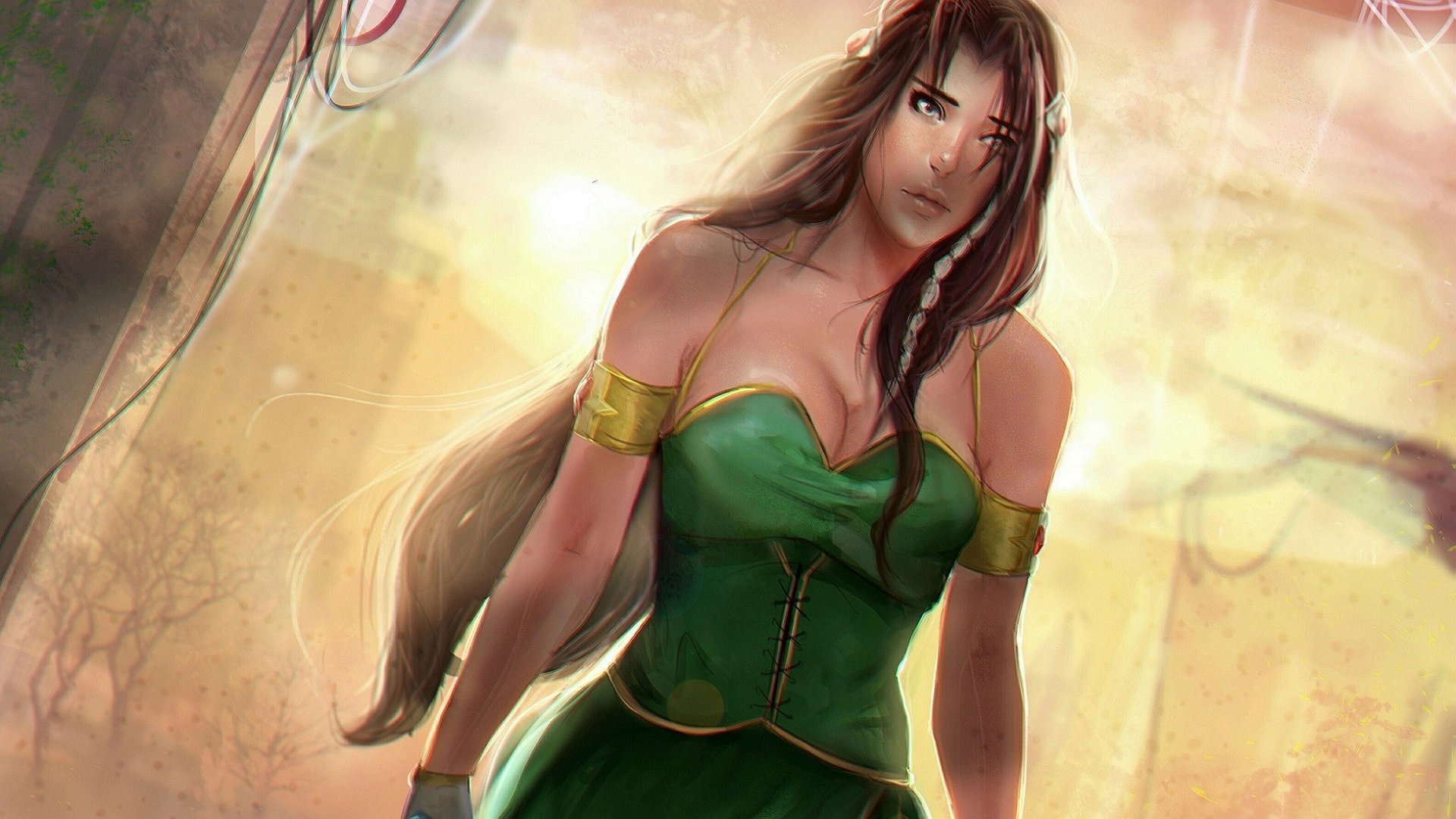 HD fantasy PC desktop wallpaper featuring a determined woman with long hair in a green dress, set against a glowing, ethereal background.