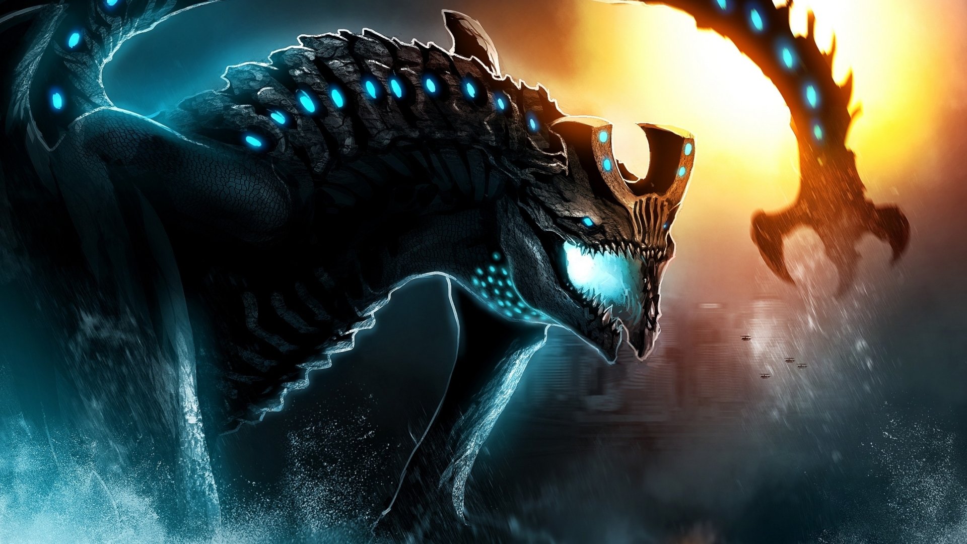 HD PC desktop wallpaper featuring a fierce Kaiju creature from the movie Pacific Rim, set against a dramatic, fiery background.