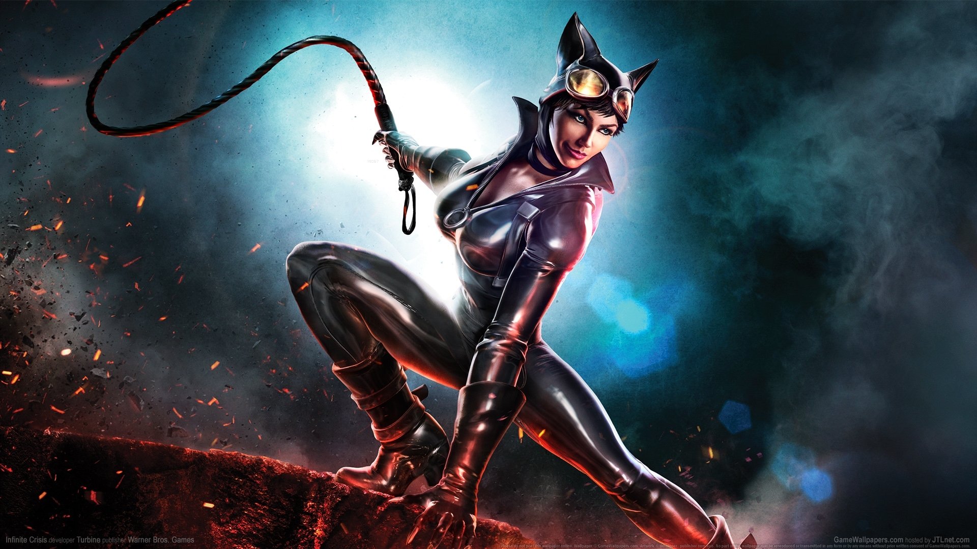 HD PC desktop wallpaper featuring Catwoman from the Infinite Crisis video game, poised in her iconic black suit with a whip against a smoky, dramatic background.