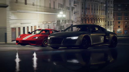 HD PC desktop wallpaper featuring sleek sports cars from the video game Forza Horizon 2, set against a nighttime urban backdrop with glowing streetlights.