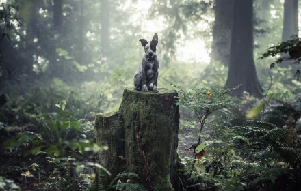 A cute Australian Cattle Dog sits atop a moss-covered stump in a foggy forest, surrounded by lush greenery and soft light filtering through the trees.