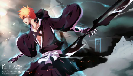 HD desktop wallpaper featuring Ichigo Kurosaki from the anime Bleach, showcasing his intense expression and wielding a large sword in a dramatic action pose.