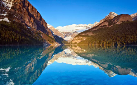 HD PC desktop wallpaper of Lake Louise nature scene: turquoise glacial lake reflecting snow-capped mountains and alpine forest under a clear blue sky.
