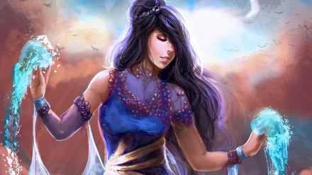 Fantasy-themed HD PC desktop wallpaper depicts a mystical woman with flowing dark hair, conjuring glowing water or magical energy beneath a crescent moon.